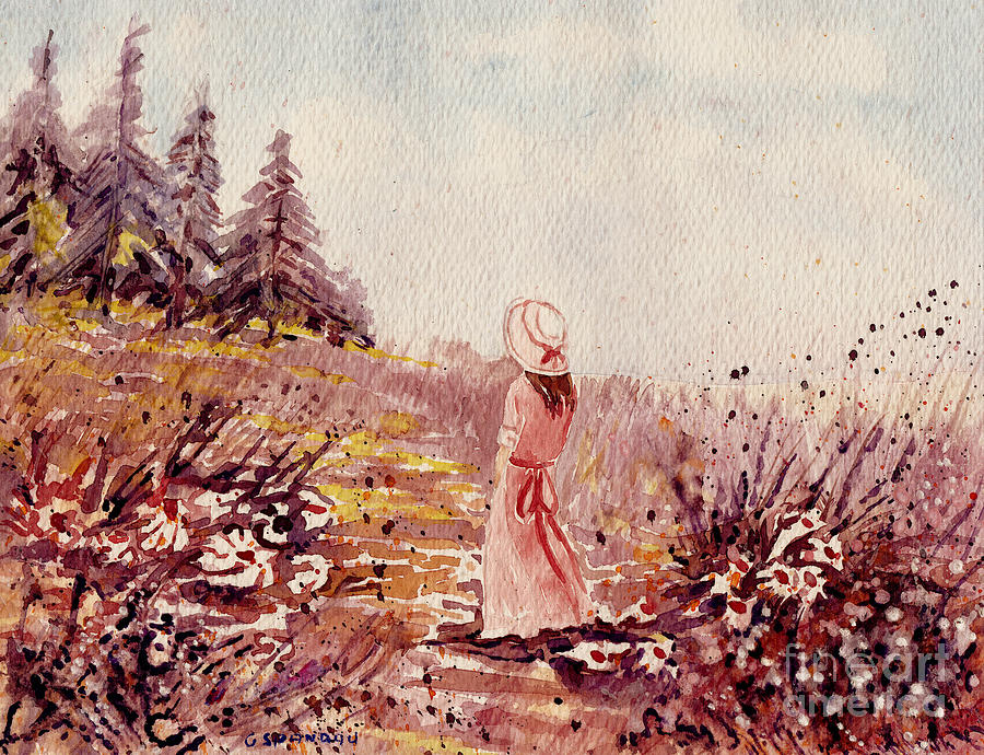 Girl In Pink In Field Of Wild Flowers Romantic Summer Country Landscape Carole Spandau Artist Painting by Carole Spandau