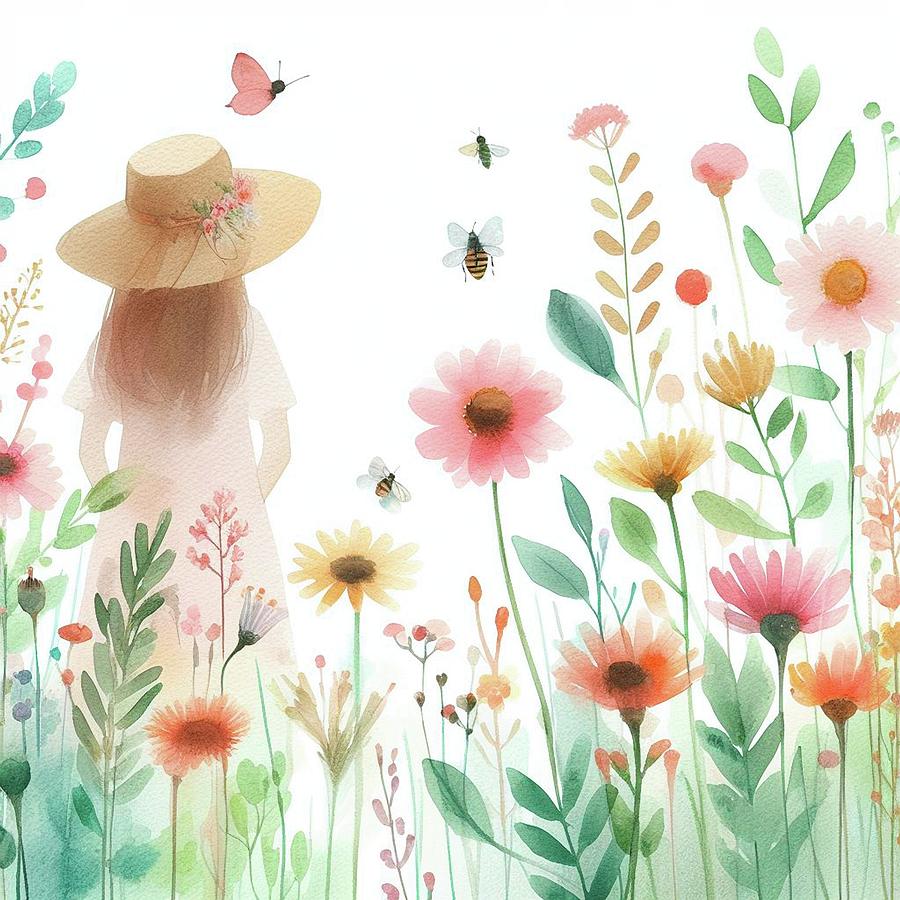 Girl in Flower Garden Digital Art by Robin Dickinson