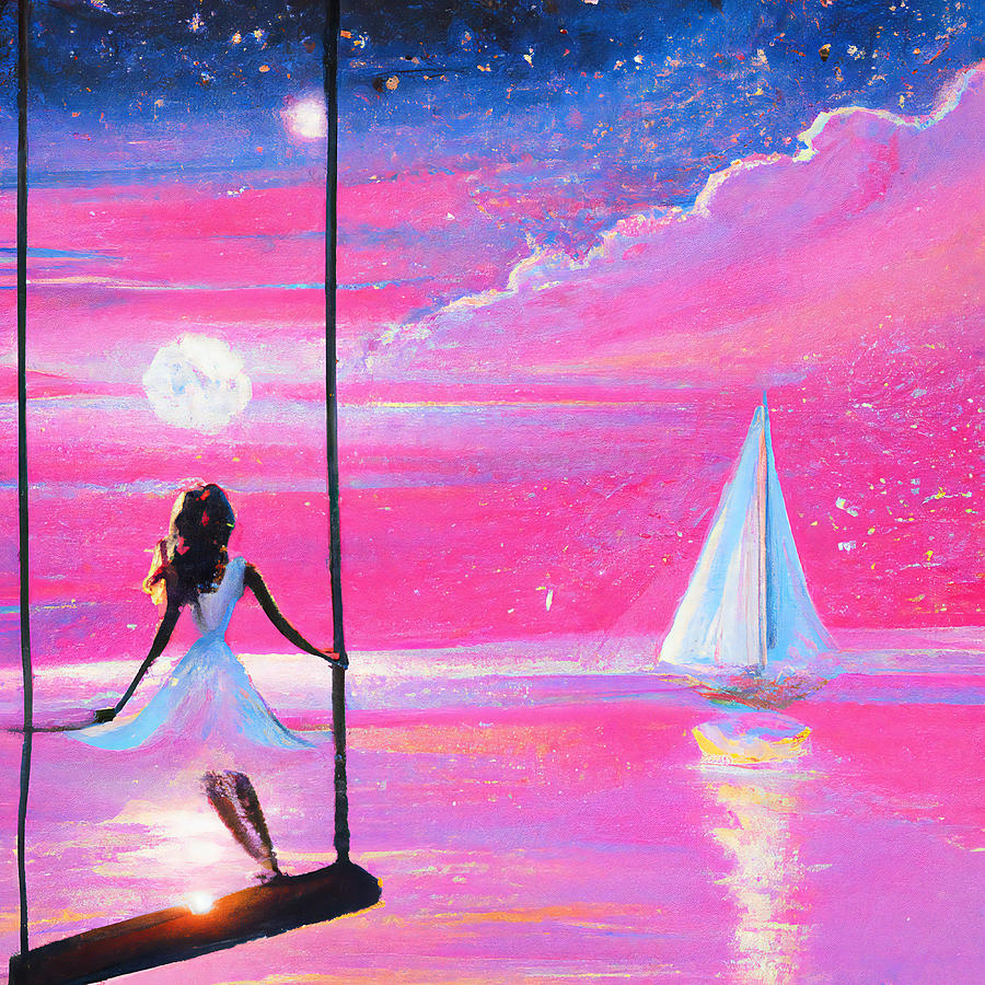 Girl in Flowy White Dress Standing on a Swing - Pink Sunset