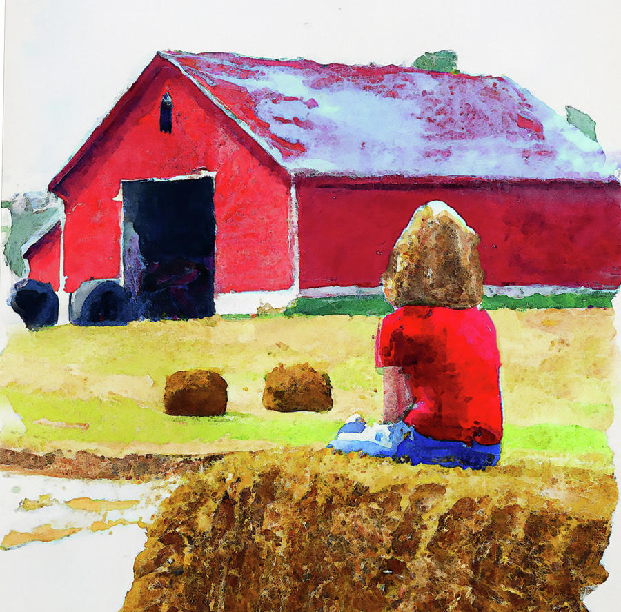 Girl in Red Shirt Looking at Red Barn Digital Art by Alison Frank