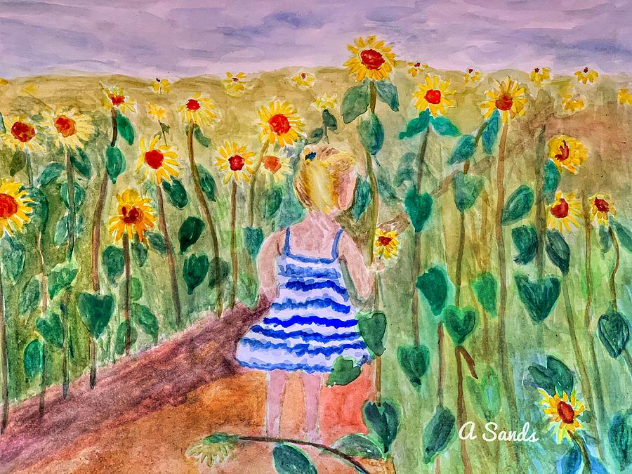 Girl in Sunflower Field Painting by Anne Sands
