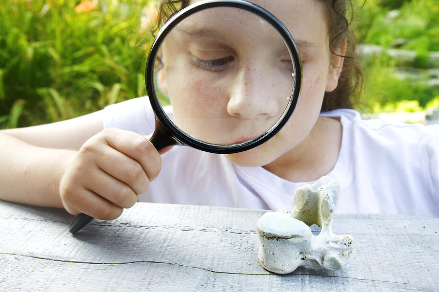 Girl inspecting bone with magnifying glass Photograph by Mother Image