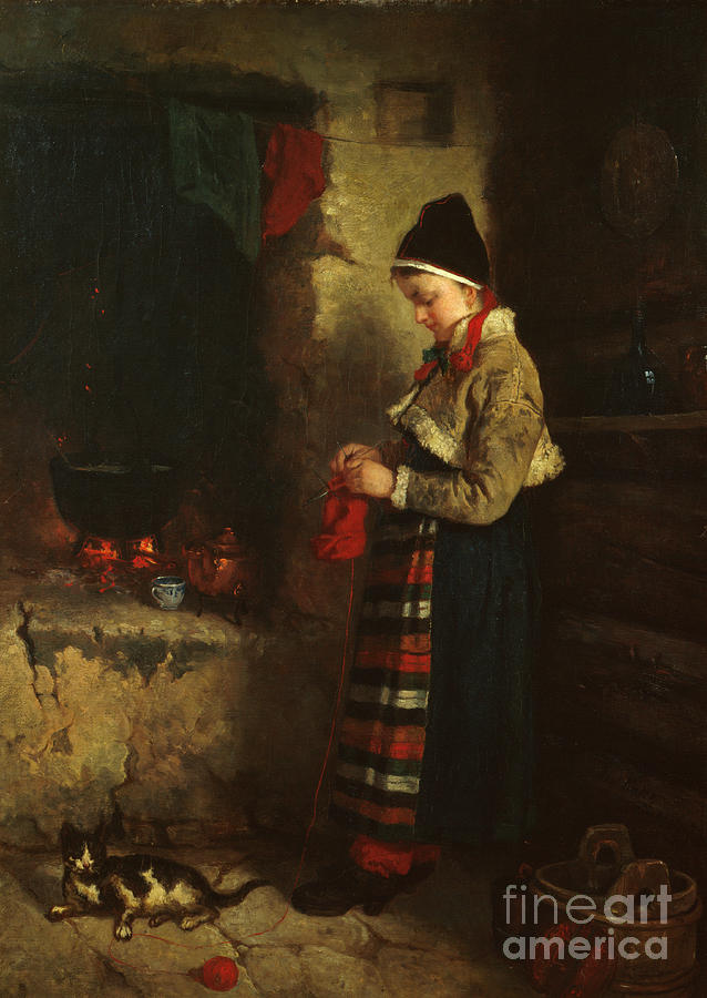 Girl knitting, 1873 Painting by O Vaering by Axel Ender