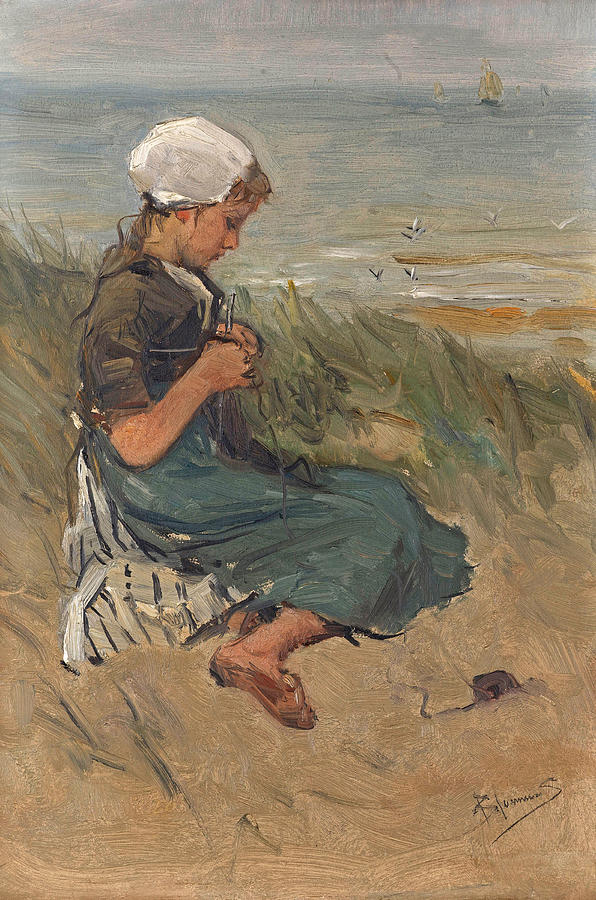 Girl Knitting in the Dunes Painting by Bernard Blommers