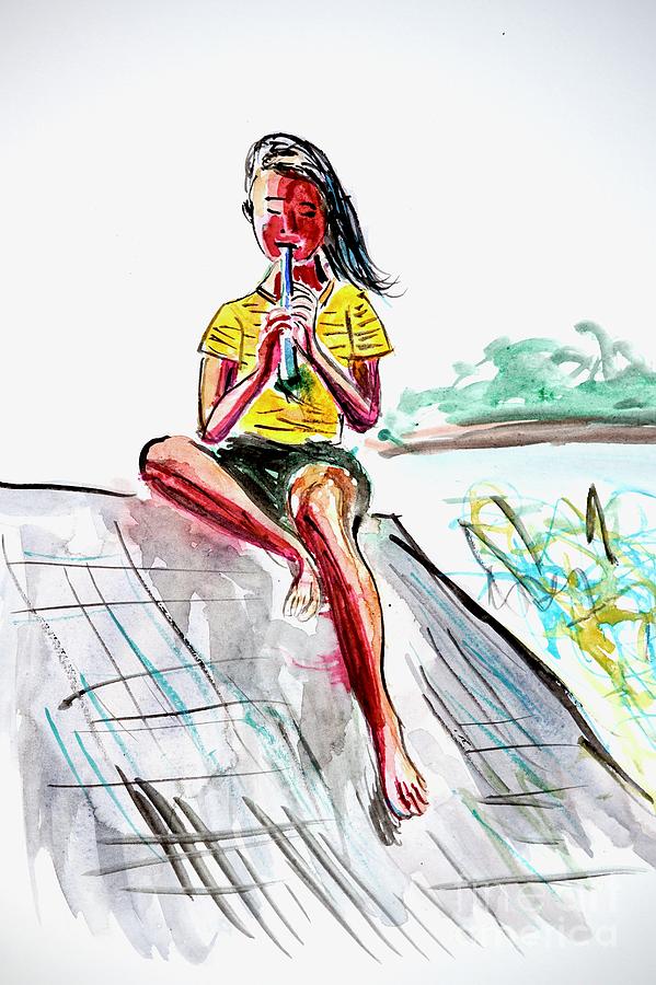 Girl On A Roof With Flute Painting