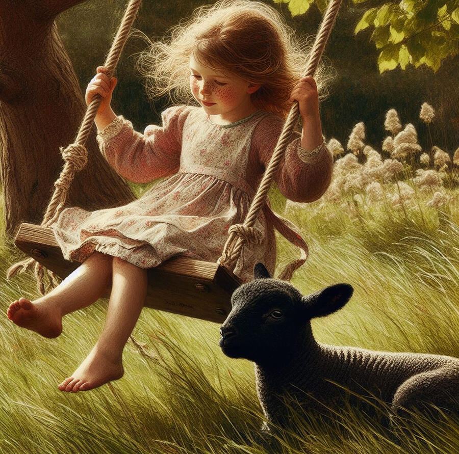 Girl on a Swing and a Little Black Lamb Photograph by Bill Cannon