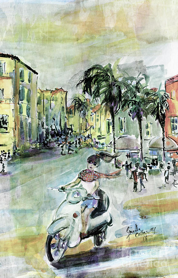 Girl on Vespa in Sorrento Italy Vintage Colors Mixed Media by Ginette Callaway