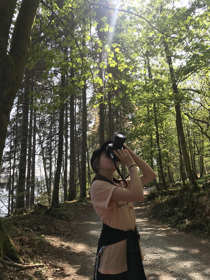 Girl photographing a forest Photograph by Heidi Coppock-Beard