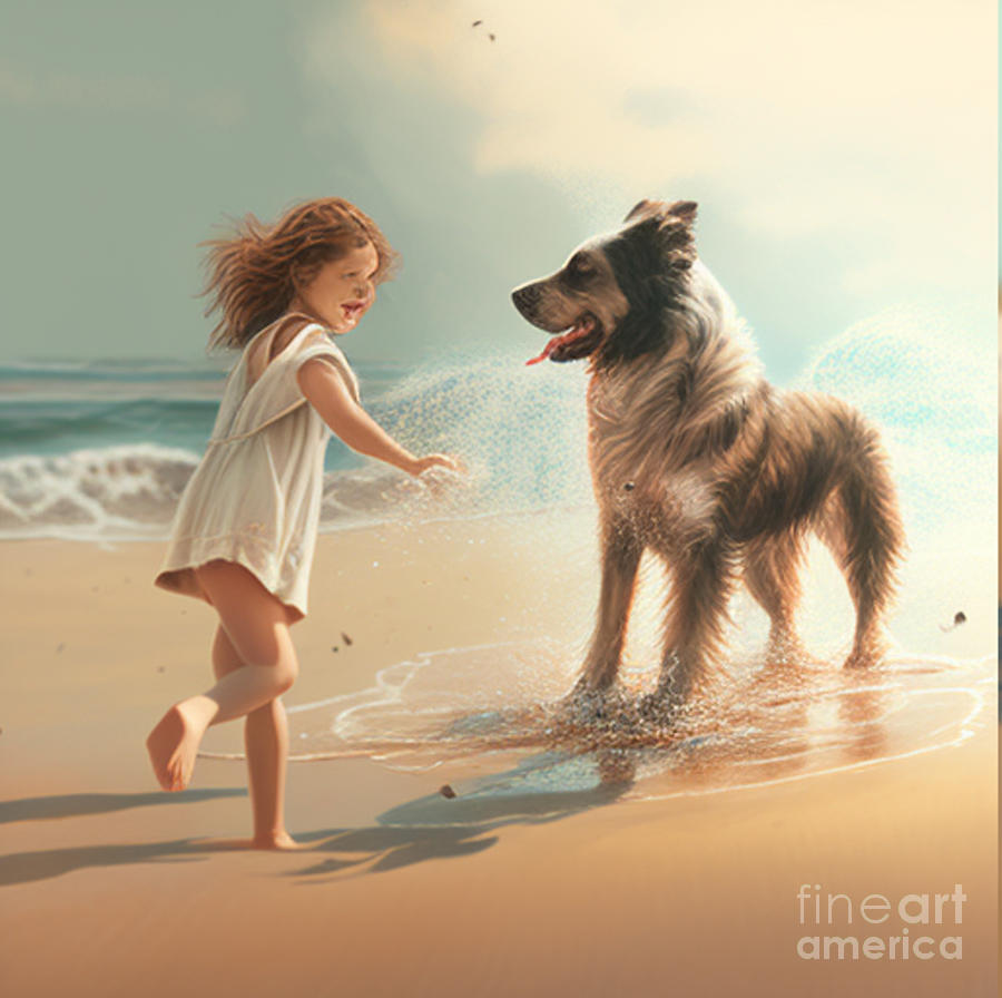 Girl play with dog on beach 2 Drawing by Ibrahim Sayed