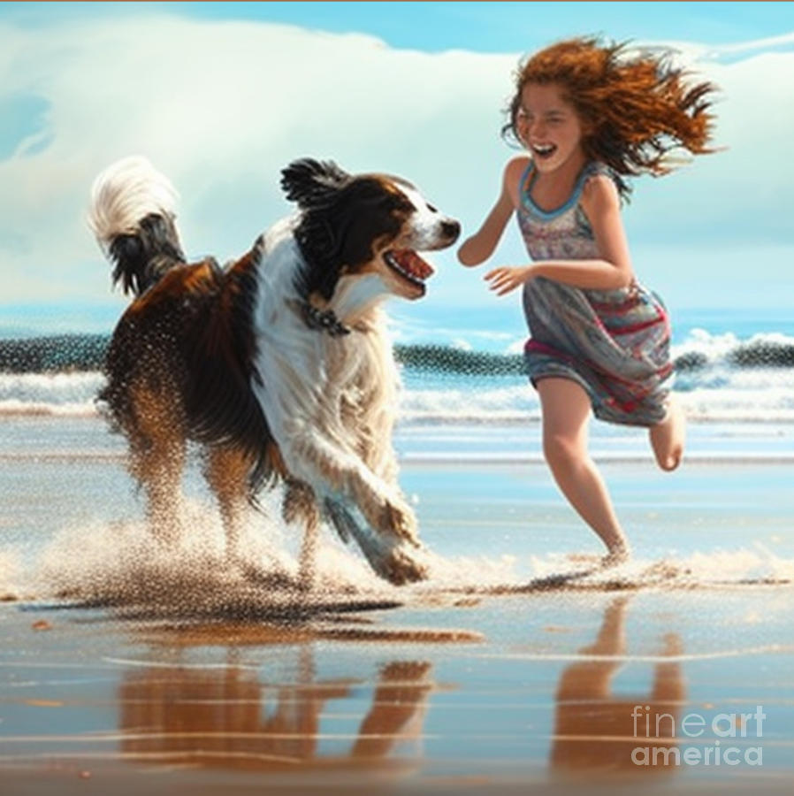 Girl play with dog on beach 3 Mixed Media by Ibrahim Sayed