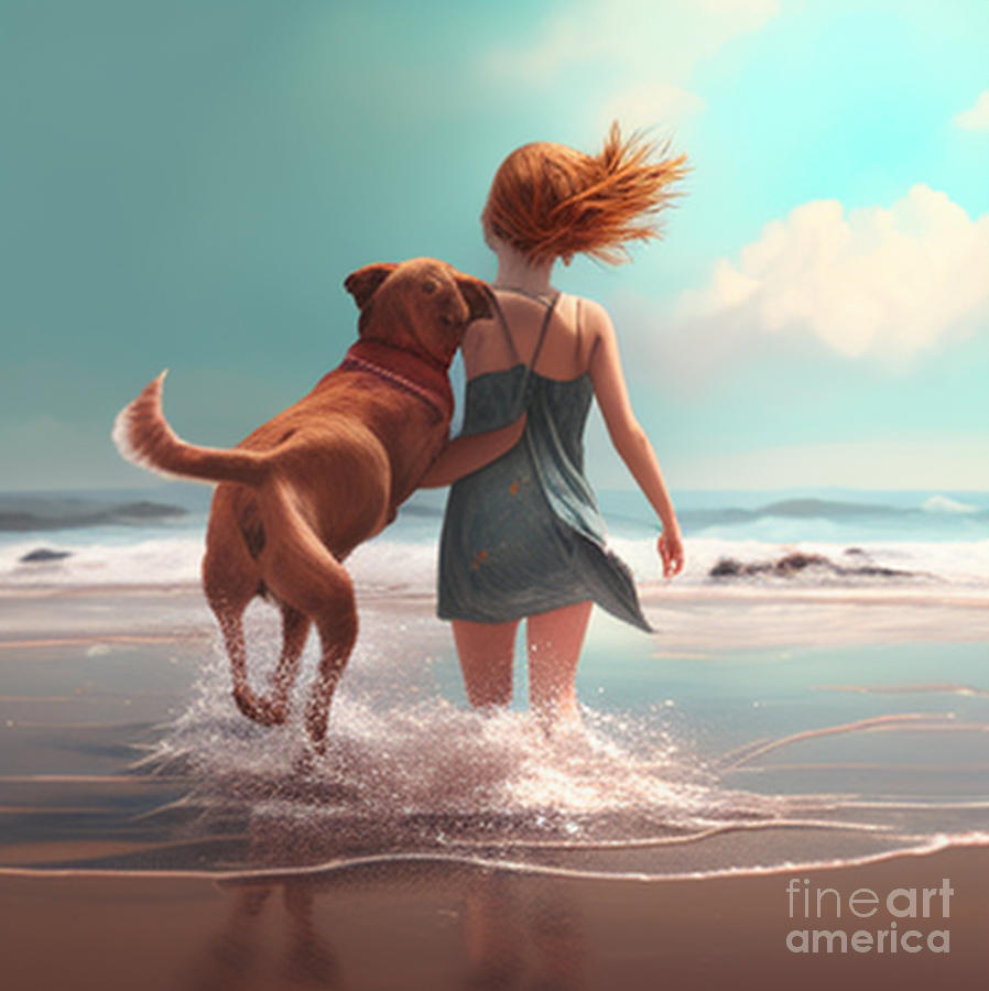 Girl play with dog on beach 4 Glass Art by Ibrahim Sayed