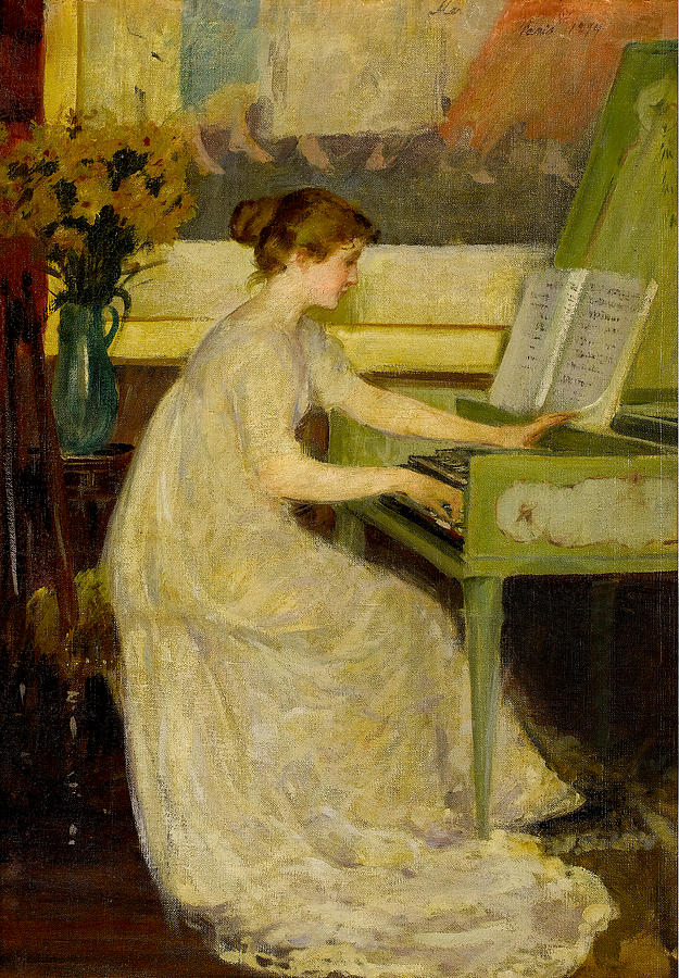 Music Painting - Girl Playing the Harpsichord by Mary Louise Fairchild aka Mary Fairchild MacMonnies Low