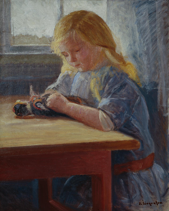 Girl playing with a doll, 1914 Painting by O Vaering by Sven Jorgensen