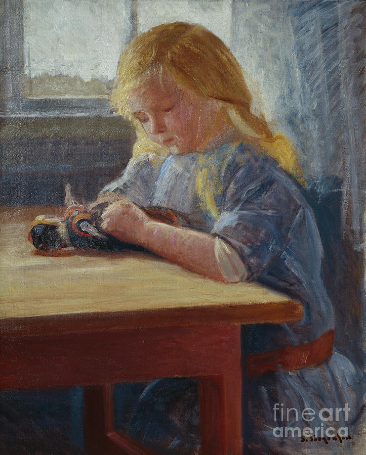 Girl playing with doll, 1914 Painting by O Vaering by Sven Jorgensen