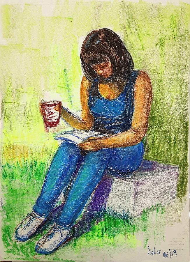 Girl reading a book Drawing by Asha Sudhaker Shenoy