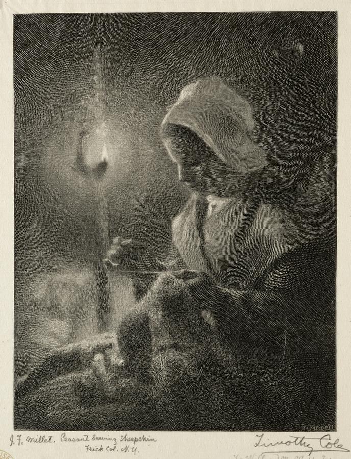 Girl Sewing by Lamplight 1911 Timothy Cole  after Jean Francois Millet Painting by MotionAge Designs