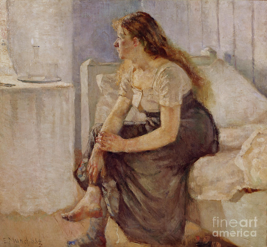 Girl sitting on the bedside, 1884 Painting by O Vaering by Edvard Munch