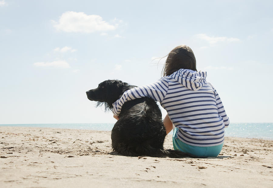Girl sitting with dog on beach Photograph by Anthony Lee