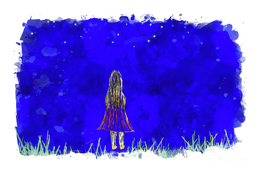 Girl Standing In Grass Field And Looking At Night Sky With Stars Digital Art By Nithid Sanbundit 4209