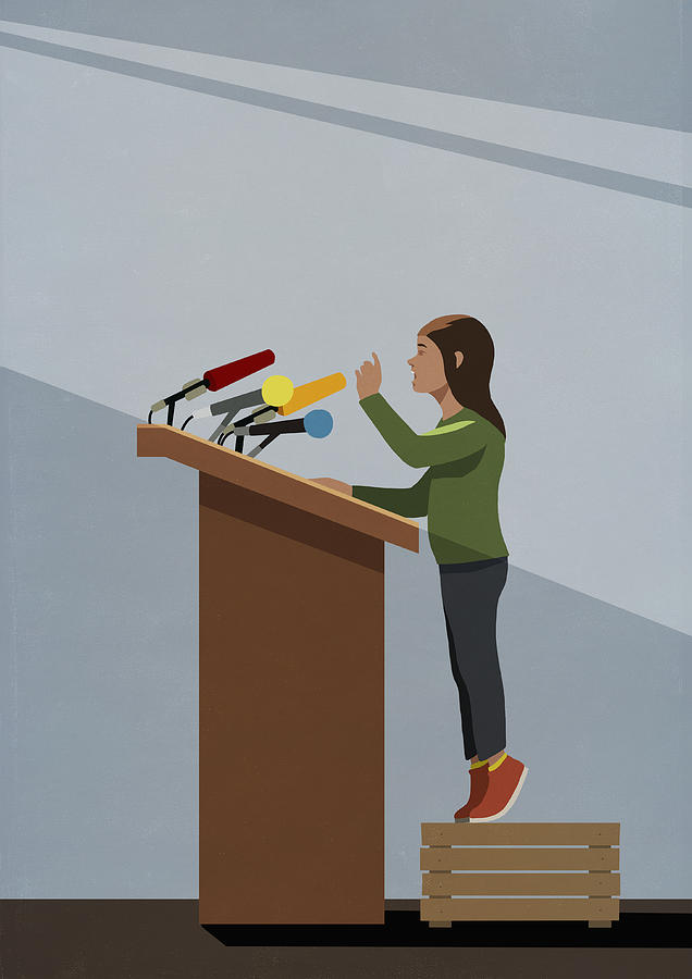 Girl standing on crate at podium with microphones Drawing by Malte Mueller