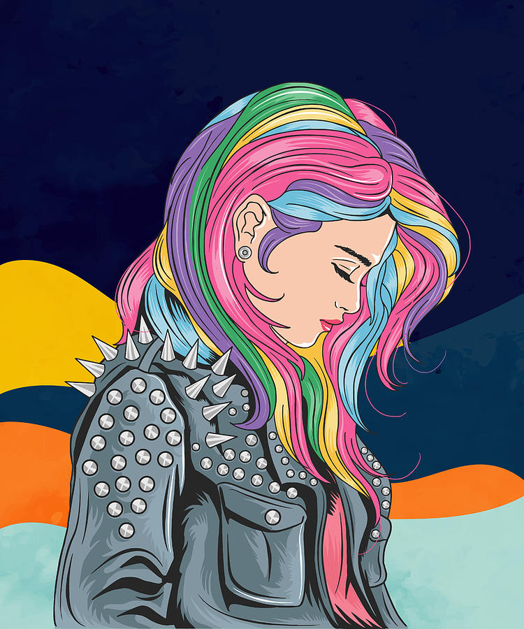 Music Digital Art - Girl unicorn full colour hair with rocker jacket punker style by Mounir Khalfouf