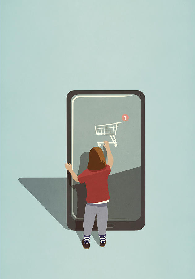 Girl using online shopping app on large smart phone Drawing by Malte Mueller