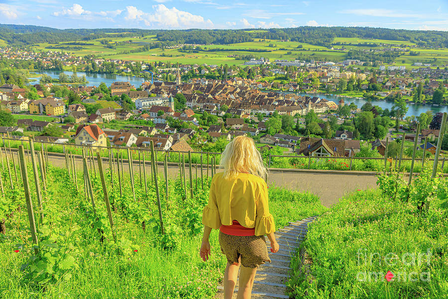 Girl walking in Swiss vineyards Digital Art by Benny Marty