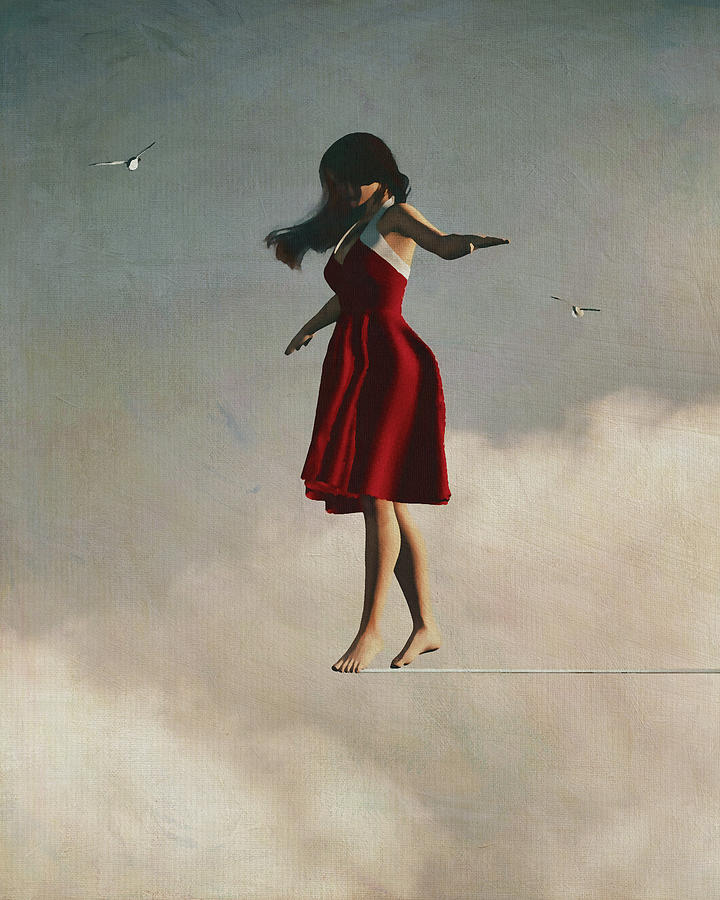Girl Walking in the Clouds Above Digital Art by Jan Keteleer