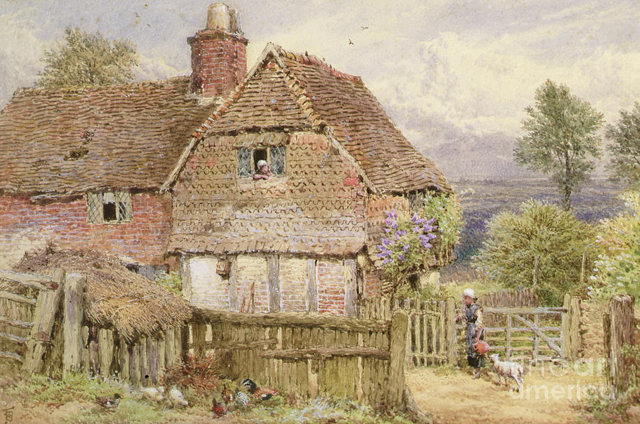 Girl with a Lamb by Farmhouse Painting by Myles Birket Foster