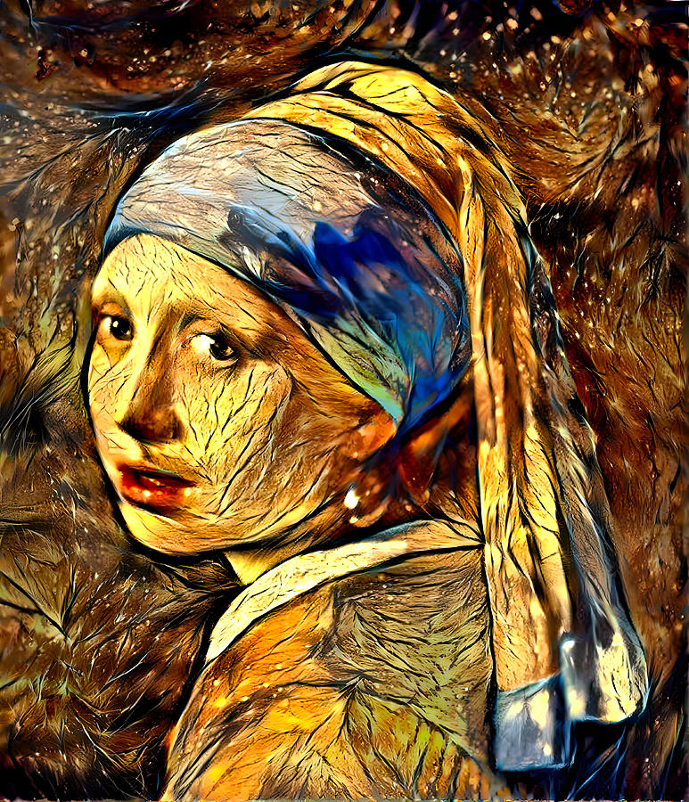 Girl with a Pearl Earring by Johannes Vermeer - brown branches digital recreation Digital Art by Nicko Prints