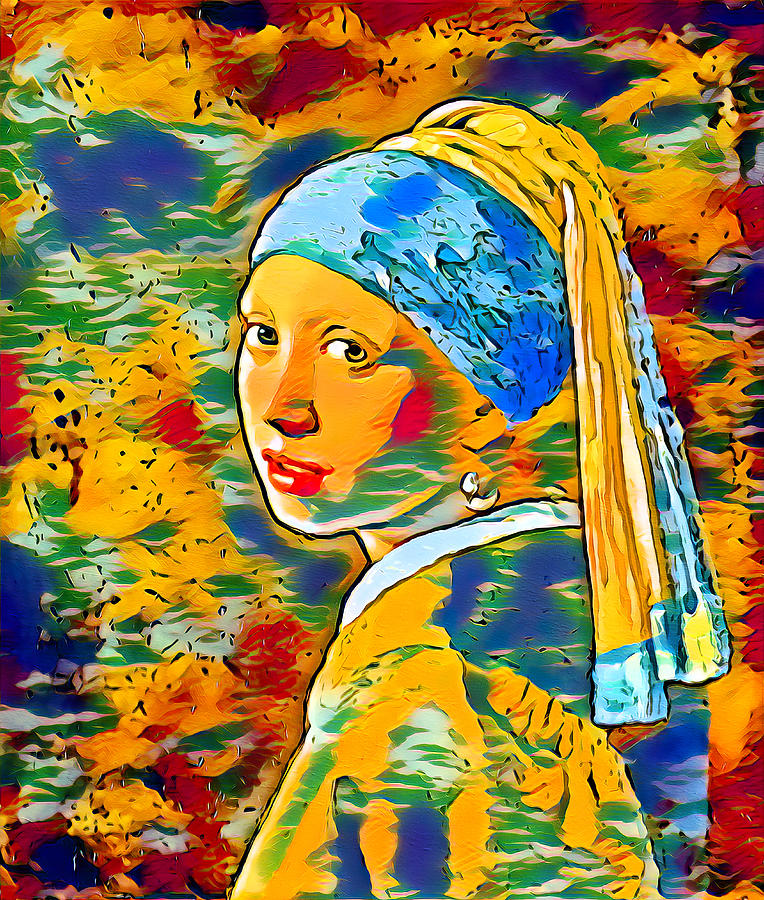 Girl with a Pearl Earring by Johannes Vermeer - dark blue, orange, and green, colorful recreation Digital Art by Nicko Prints