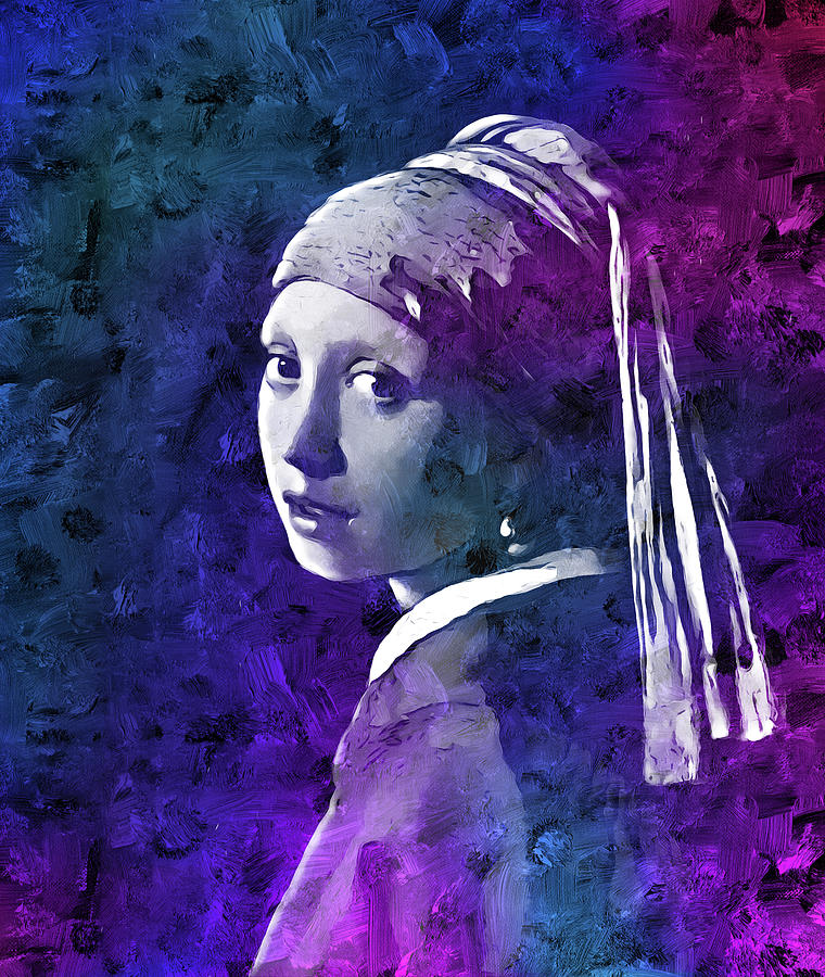 Girl with a Pearl Earring by Johannes Vermeer - colorful painting with blue and violet Digital Art by Nicko Prints