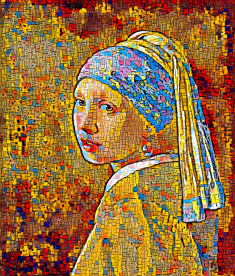 Girl with a Pearl Earring by Johannes Vermeer, in the style of Piet Mondrian Composition Digital Art by Nicko Prints
