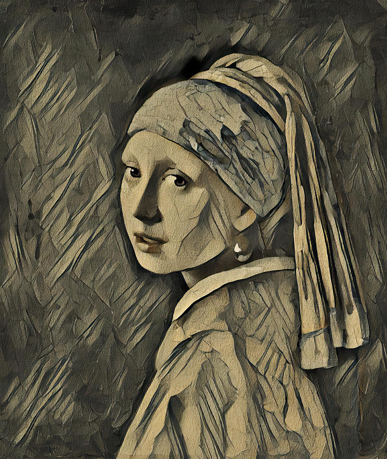 Girl with a Pearl Earring by Johannes Vermeer - monochrome recreation Digital Art by Nicko Prints