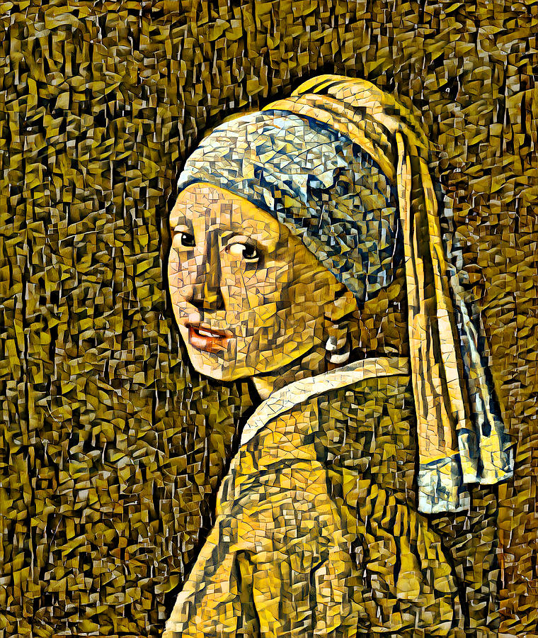 Girl with a Pearl Earring in the cubist style with small shapes - digital recreation Digital Art by Nicko Prints