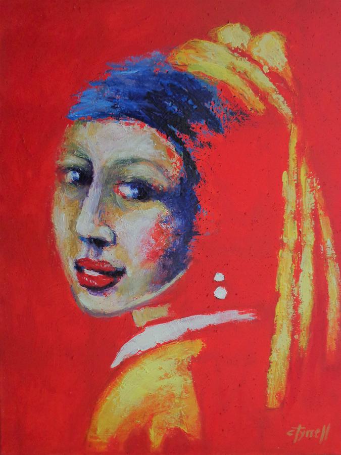 Unique Painting - Girl With A Pearl Earring - Red Portrait by Carmen Tyrrell