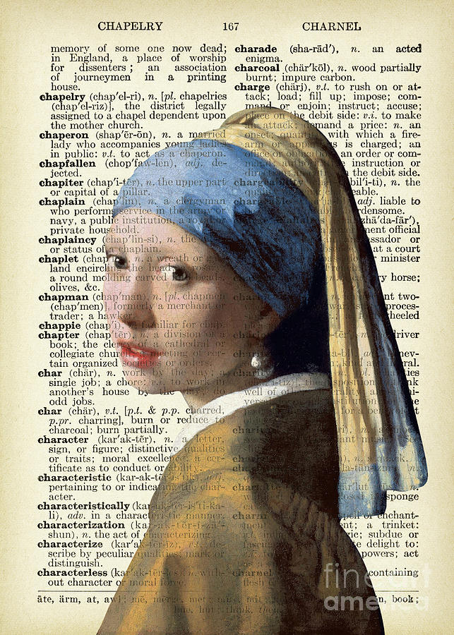Girl with a pearl, vintage dictionary Mixed Media by Delphimages Photo Creations
