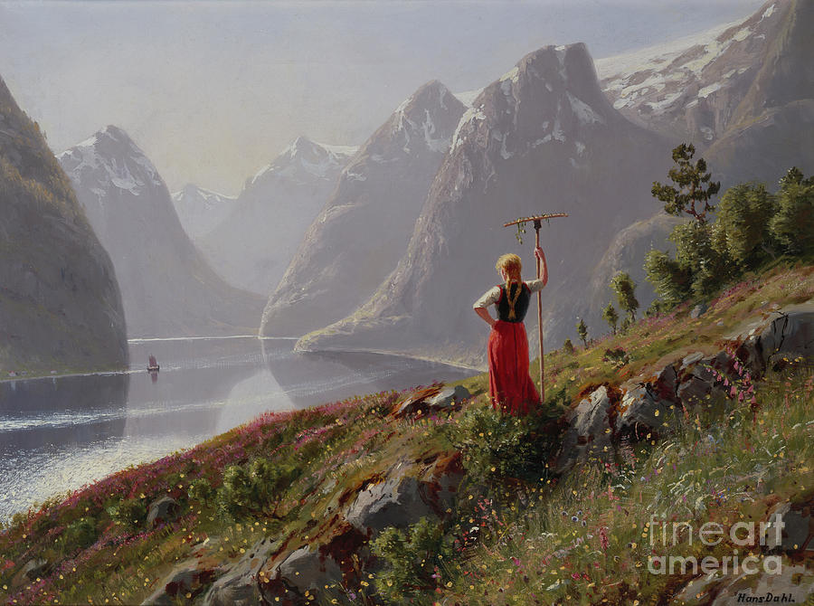 Girl with a rake in fjord landscape Painting by O Vaering by Hans Dahl