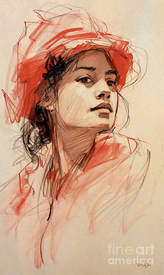 Summer Drawing - Girl with a Red Straw Hat by Dragica Micki Fortuna