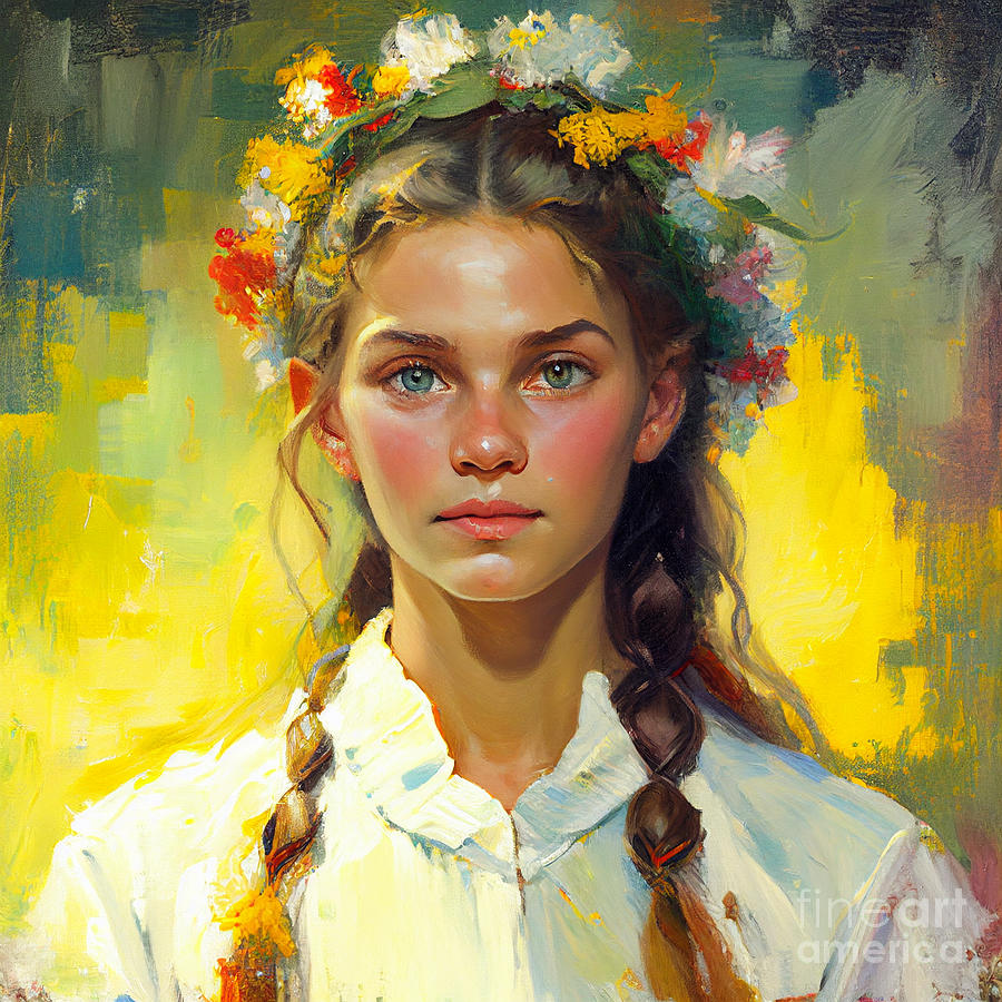 Girl with a wreath Mixed Media by Binka Kirova