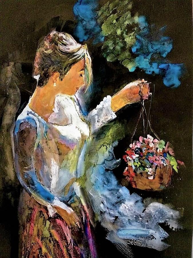 Girl with basket of flowers. Mixed Media by Khalid Saeed
