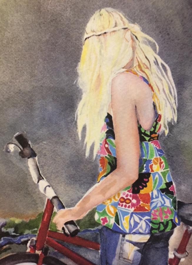 Girl with Bike Painting by Diana Zipkin