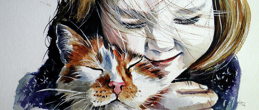 Girl with cat Painting by Kovacs Anna Brigitta