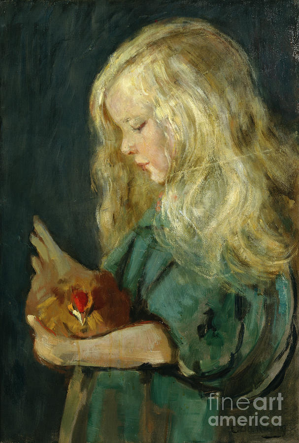 Girl with hen, 1897 Painting by O Vaering by Oda Krohg