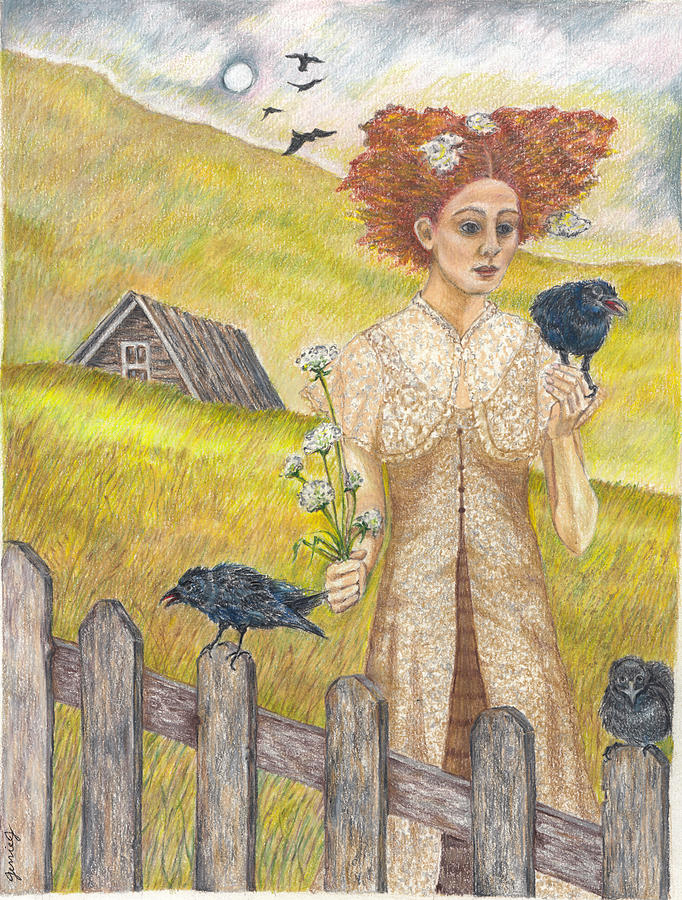 Girl-with-Crow 2 Drawing by Jerrie Evans Noyes - Fine Art America