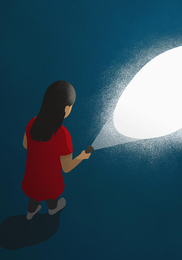 Girl with flashlight in dark Drawing by Malte Mueller