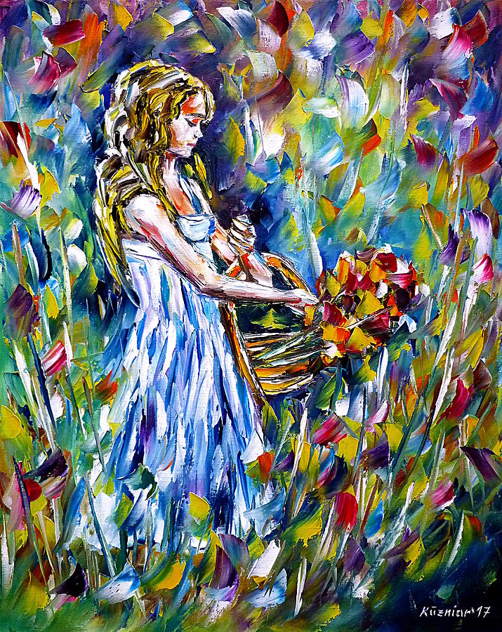 Girl With Flower Basket Painting by Mirek Kuzniar