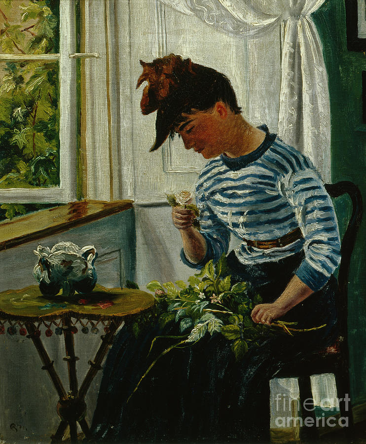 Girl with flowers, 1876 Painting by O Vaering by Christian Krohg