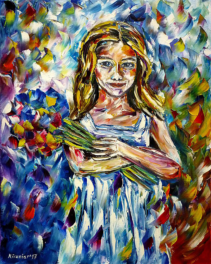 Young Girl Painting - Girl With Flowers by Mirek Kuzniar
