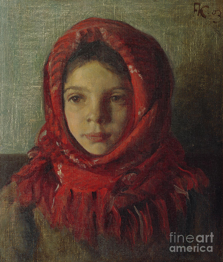 Girl with kerchief, 1903 Painting by O Vaering by Fredrik Kolstoe